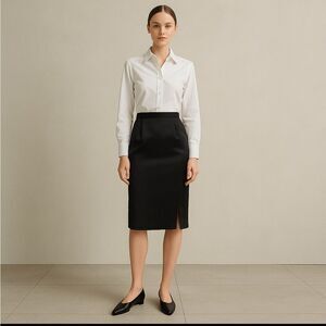 Oscar De La Renta Vintage Pink Label Black Silk Blend Satin Skirt W/ Side Slits